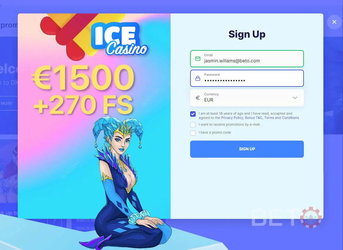 Seleziona il tuo bonus di benvenuto al momento della registrazione su ICE Casin.